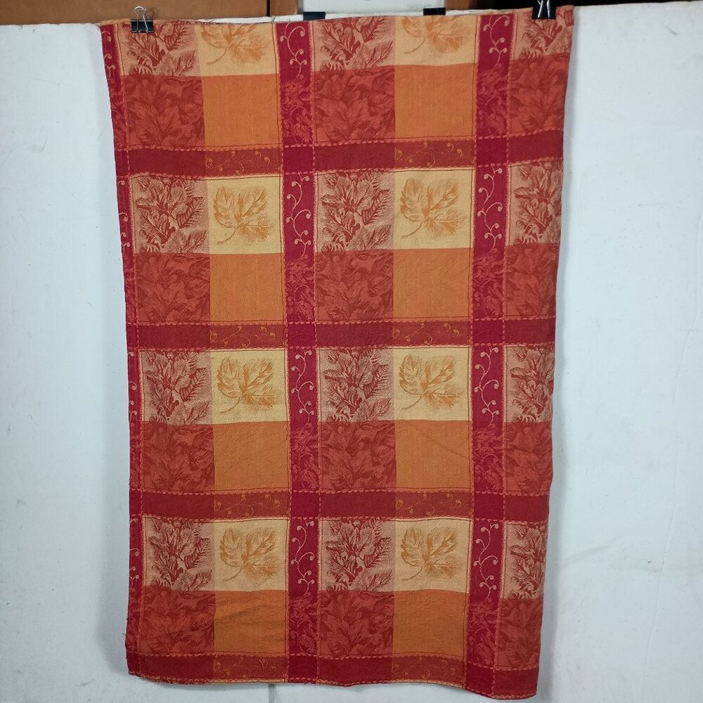 Vintage Floral Plaid Cotton Tablecloth Rust Orange Jacquard Weave Leaf Pattern